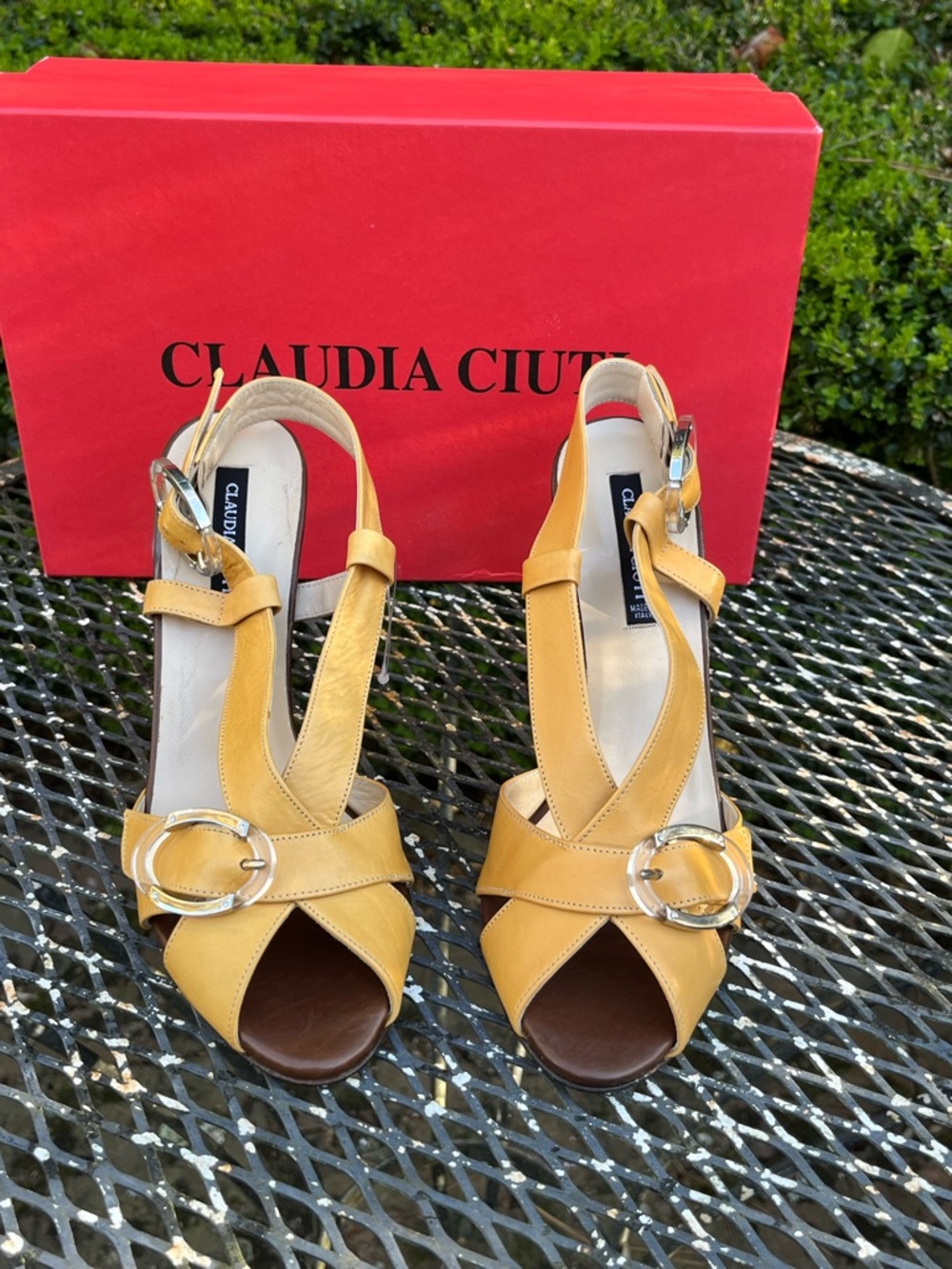 Claudia Ciuti Mustard Yellow Leather Slingback Heels with Silver Buckle